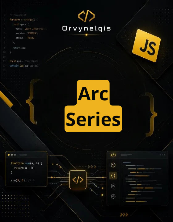 Promotional graphic for an 'Arc Series' digital course by Orvynelqis, featuring a dark black background with gold circuit board lines, yellow folder icons labeled 'Arc Series' and 'JS', and code snippets.