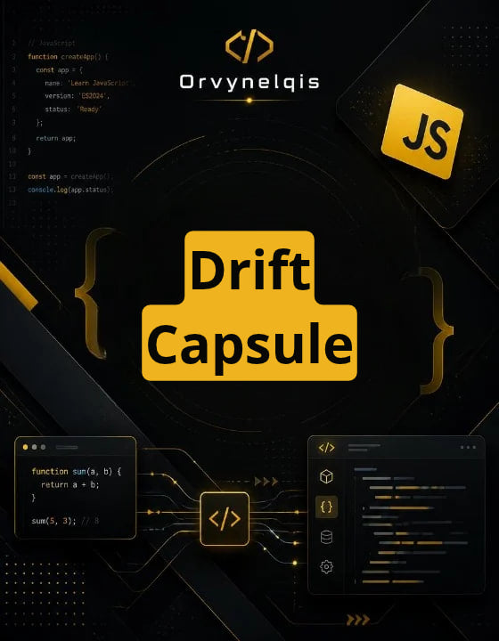 Promotional graphic for Drift Capsule by Orvynelqis, featuring a dark tech-themed background with JavaScript code snippets, a yellow JS icon, and large central yellow 'Drift Capsule' text.