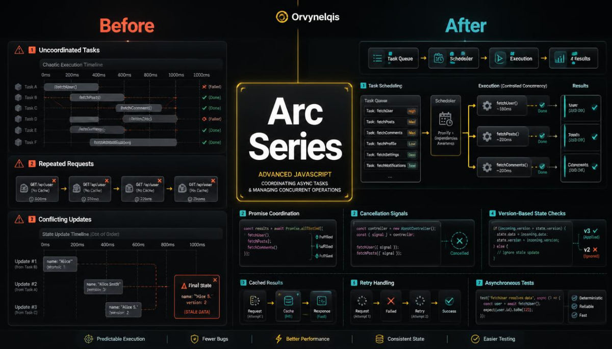 A dark promotional graphic for the Arc Series advanced JavaScript. The layout is split into 'Before' and 'After' sections, with the central panel titled 'Arc Series' in a glowing yellow frame, surrounded by various workflow diagrams, code snippets, and process flowcharts in light gray, white, and orange accents.