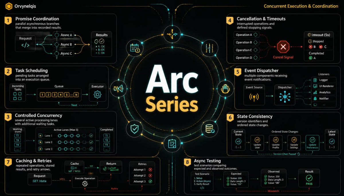 A digital infographic titled 'Arc Series' on a black background, showing eight circular diagrams with icons and text related to concurrent execution, coordination, caching, retries, and state consistency in a tech-style layout.