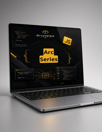 A silver laptop on a light gray surface with a dark gray background, displaying a digital course or software interface titled 'Arc Series' by 'Orvynelqis' with 'JS' graphics on the screen.