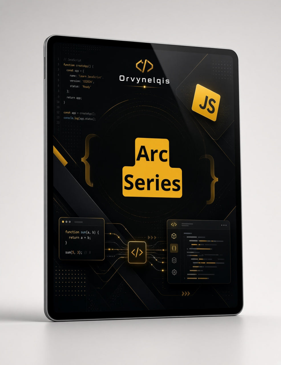 A digital mockup of a tablet displaying a dark-themed Arc Series course interface with yellow accents, code snippets, and the Orvynelqis logo, set against a light gray background.