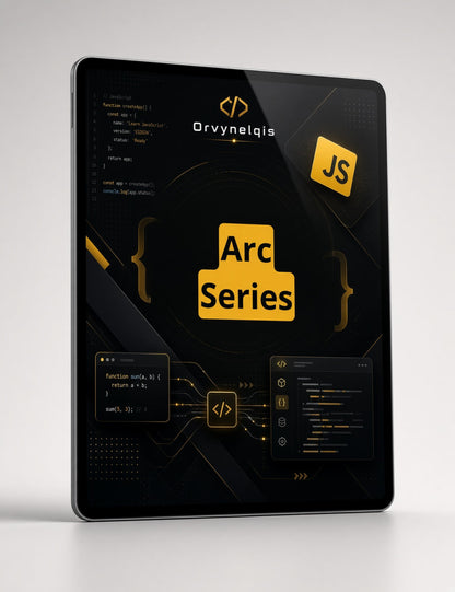 A digital mockup of a tablet displaying a dark-themed Arc Series course interface with yellow accents, code snippets, and the Orvynelqis logo, set against a light gray background.
