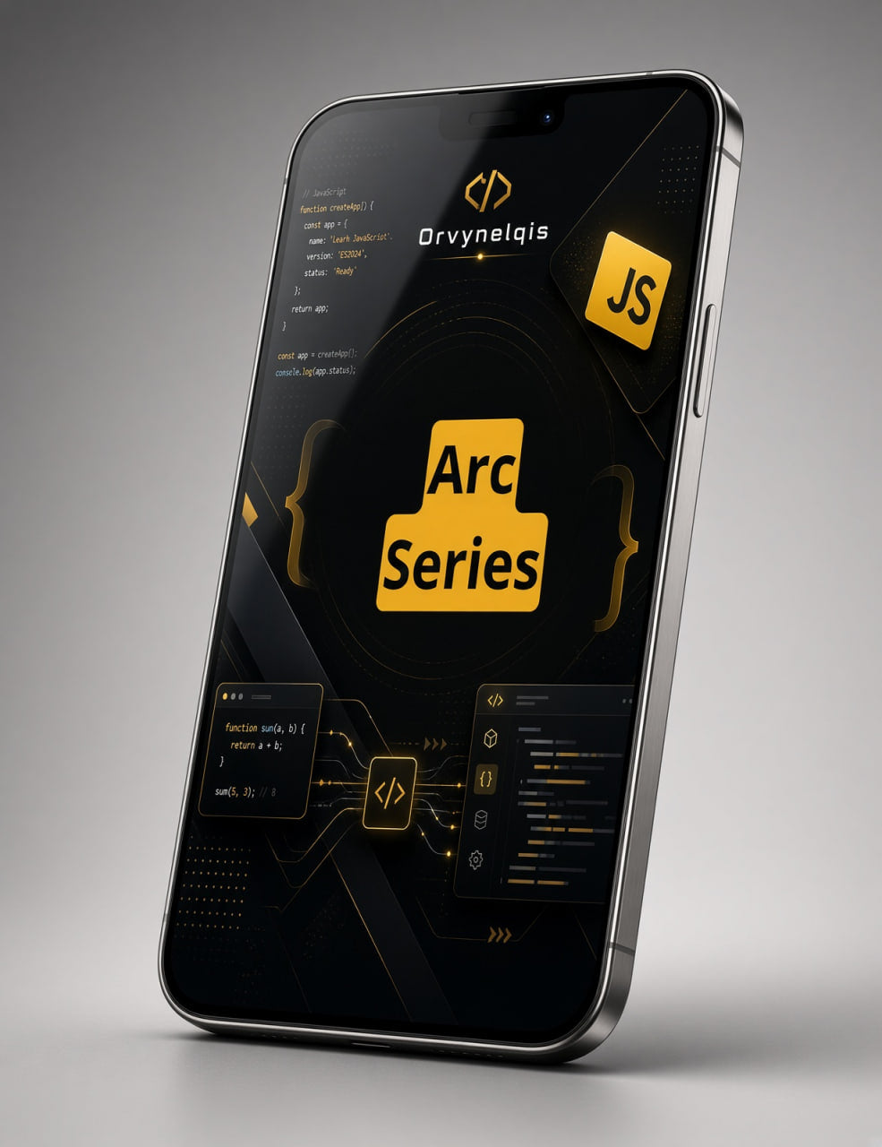 A black smartphone shown at an angle on a neutral gray studio background, displaying a dark-themed digital interface with yellow and orange UI elements including the text 'Arc Series' and 'Orvynelqis'.