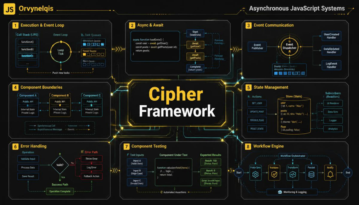 A dark technical infographic titled 'Cipher Framework' with multiple labeled panels explaining asynchronous JavaScript system concepts such as execution and event loop, component boundaries, state management, error handling, and workflow engine. The layout uses a black background with glowing yellow, blue, and green diagram elements.
