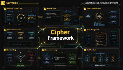 A dark technical infographic titled 'Cipher Framework' with multiple labeled panels explaining asynchronous JavaScript system concepts such as execution and event loop, component boundaries, state management, error handling, and workflow engine. The layout uses a black background with glowing yellow, blue, and green diagram elements.