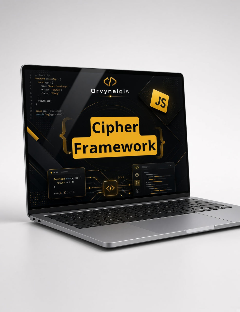 A silver laptop on a light gray background displaying a promotional graphic for a 'Cypher Framework' by  with a yellow JS badge.