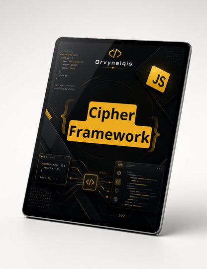 A digital mockup of a tablet displaying a dark-themed software cover for 'Orvynelqis Cipher Framework' with yellow accents and JS icons, set against a clean white background.