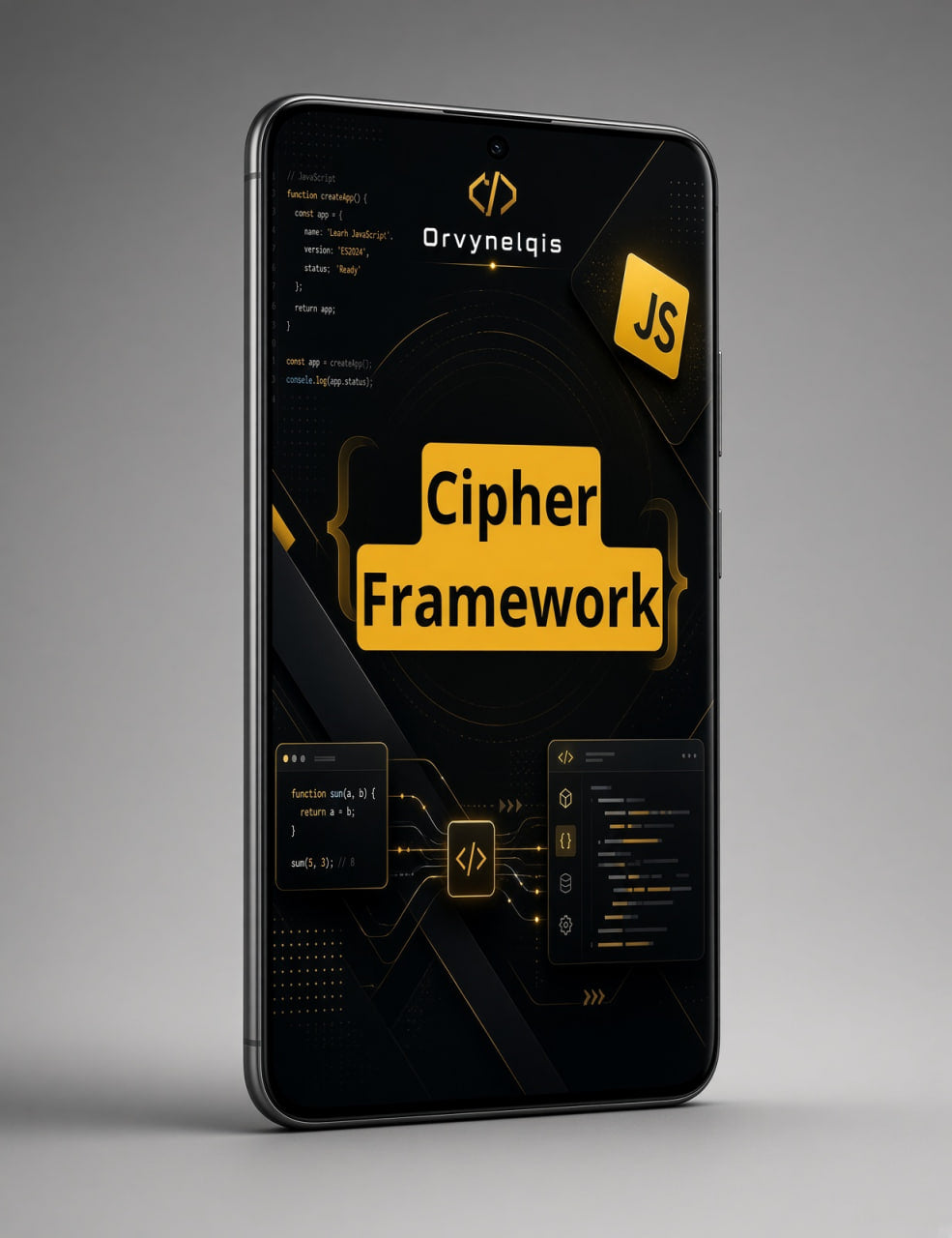 A black smartphone mockup displaying a dark-themed software interface with yellow accents and the text  and 'Cipher Framework', shown on a neutral gray background.