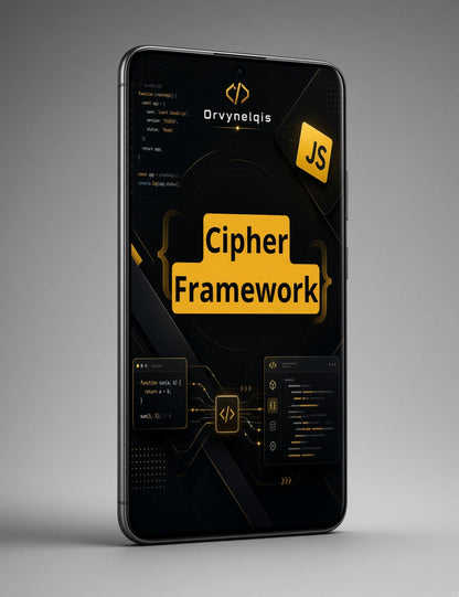 A black smartphone mockup displaying a dark-themed software interface with yellow accents and the text  and 'Cipher Framework', shown on a neutral gray background.