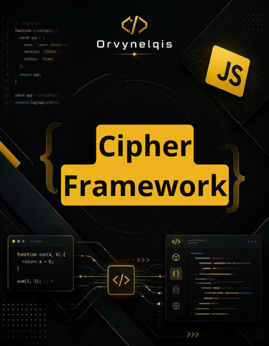 Digital cover graphic for a 'Cipher Framework' course or guide by Orvynelqis, featuring a dark black and gold color scheme with code snippets, JavaScript symbols, and UI mockups.
