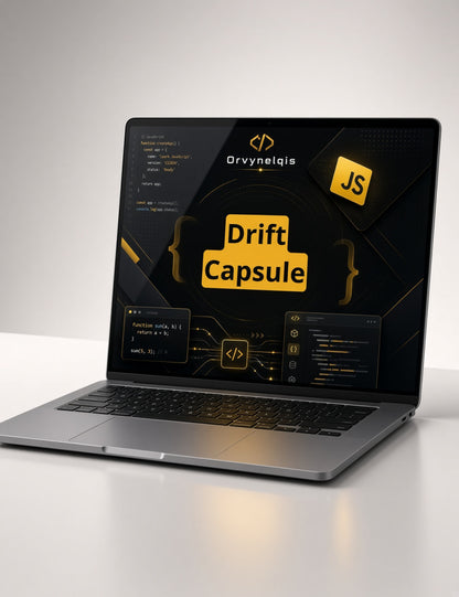 A silver laptop on a light gray surface, displaying a dark-themed digital interface with the text 'Drift Capsule' and 'Orvynelqis' on the screen.