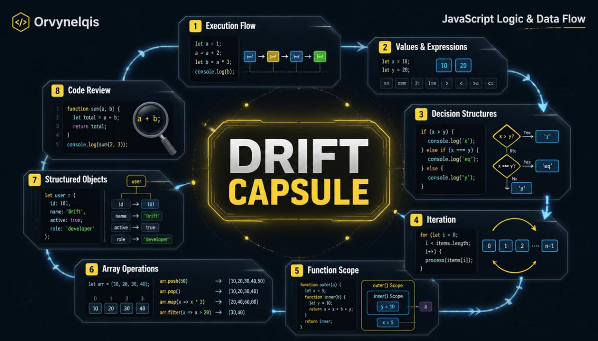An educational flowchart titled 'DRIFT CAPSULE' explaining JavaScript logic and data flow, featuring steps from execution flow to function scope on a dark background with glowing yellow and blue accents.