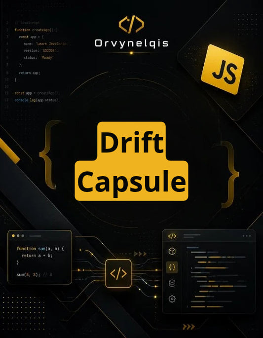 Promotional graphic for Drift Capsule by Orvynelqis, featuring a dark tech-themed background with JavaScript code snippets, a yellow JS icon, and large central yellow 'Drift Capsule' text.