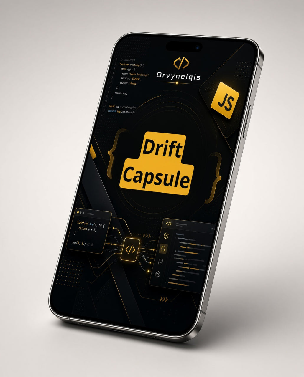 A smartphone shown at an angle on a light gray background, displaying a dark software interface with yellow accents and the text 'Drift Capsule' and 'JS'.