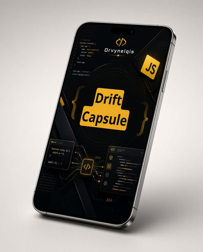 A smartphone shown at an angle on a light gray background, displaying a dark software interface with yellow accents and the text 'Drift Capsule' and 'JS'.