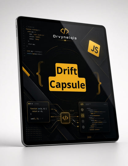 A black tablet device shown at an angle on a light gray background, displaying a dark-themed software interface with the text 'Orvynelqis' and 'Drift Capsule' in yellow.