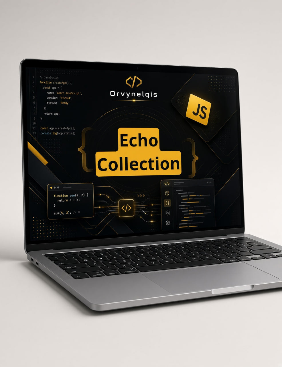 A silver laptop on a light gray background displaying a dark-themed digital course or software preview titled 'Echo Collection' with the brand name 'Orynyelqis' and a yellow 'JS' badge on screen.