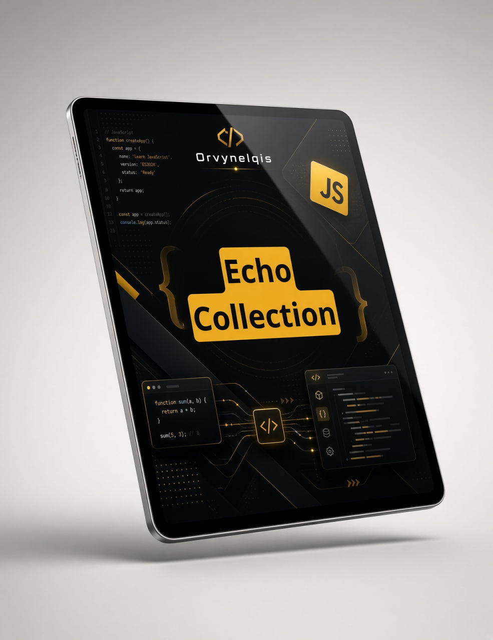A tablet device shown at an angle on a light gray background, displaying a dark-themed digital interface with the text  and 'Echo Collection' in yellow.