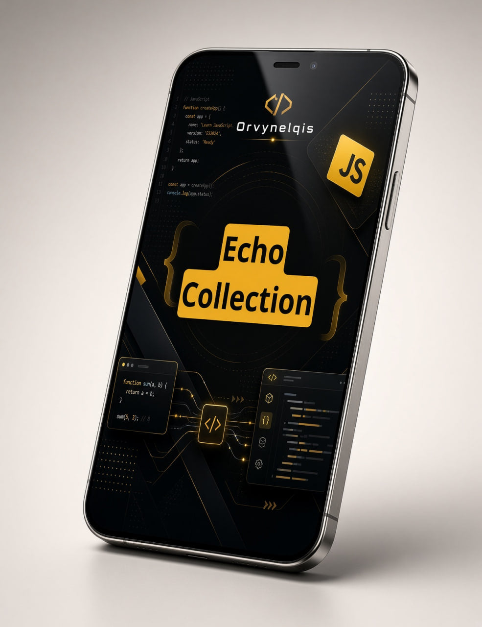 A smartphone shown at an angle on a light gray background, displaying a dark-themed digital interface with the text 'Echo Collection' and JS icons on the screen.