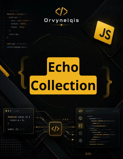 Promotional graphic for 'Echo Collection' by Orvynelqis, featuring a dark tech-themed background with JavaScript code snippets, a yellow JS icon, and large central yellow text blocks.