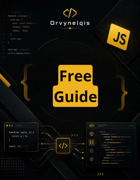 Promotional graphic for an Orvynelqis JavaScript free guide, featuring a dark tech-themed background with code snippets, a yellow folder icon labeled 'Free Guide', and a yellow JS badge.