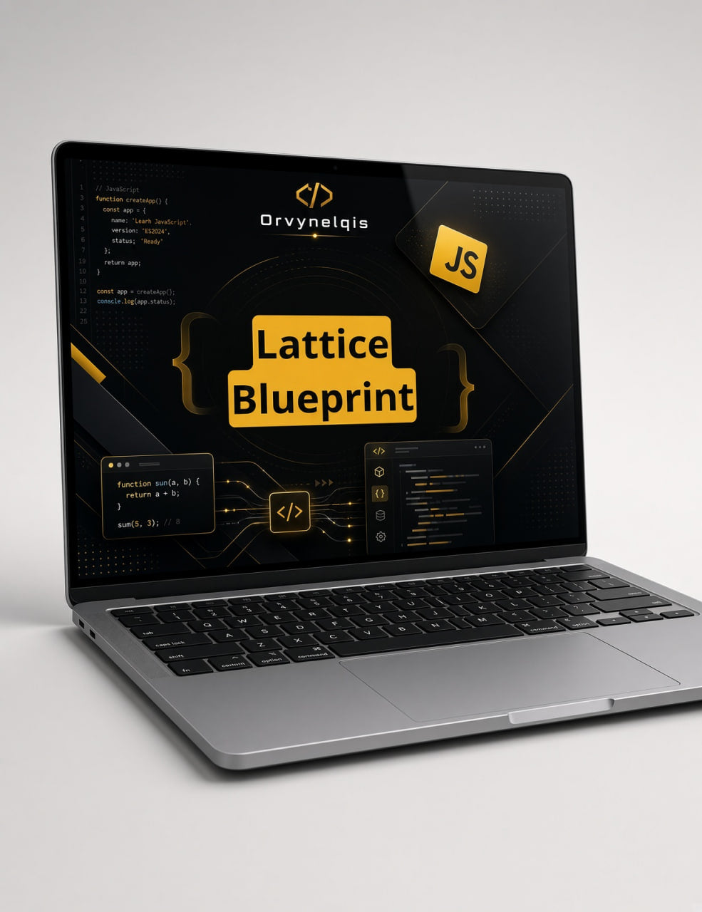An open silver laptop on a light gray background, displaying a dark-themed digital interface with the text 'Orvynelqis', 'Lattice Blueprint', and 'JS'.