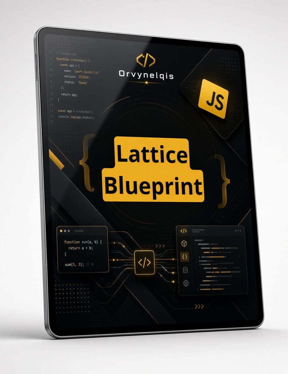 A tablet device displaying a dark-themed code template or app interface with the text 'Orvynelqis', 'Lattice Blueprint', and 'JS' in yellow and white on a black background.