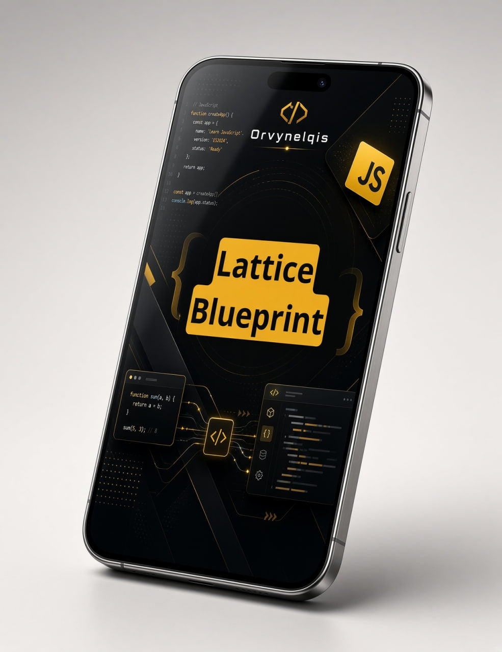 A smartphone shown at an angle on a light gray background, displaying a dark-themed digital interface with the text 'Lattice Blueprint' and 'Orvynelqis JS'.