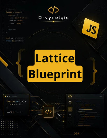 Promotional graphic for 'Lattice Blueprint' featuring the Orvynelqis brand name, JavaScript ('JS') branding, and code snippets on a dark, tech-themed background with glowing yellow accents.