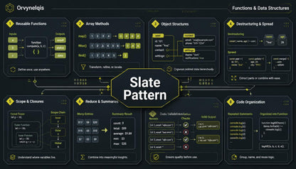 A dark-themed educational infographic titled 'Slate Pattern' by OryneLgias, displaying various JavaScript programming concepts such as 'Reusable Functions', 'Array Methods', 'Object Structures', and 'Destructuring & Spread' in a grid layout.