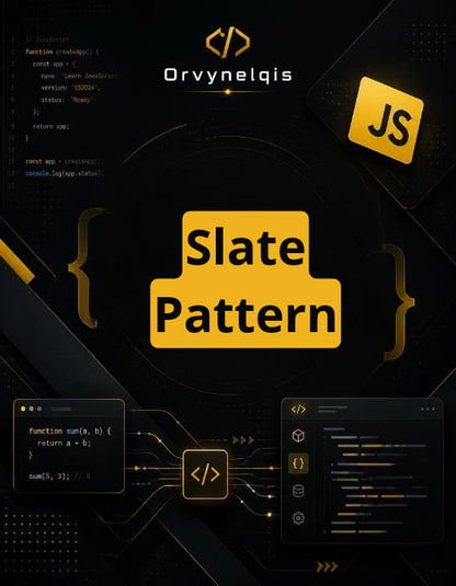 Digital promotional graphic for a 'Slate Pattern' design asset, featuring a dark slate gray and black color palette with gold/yellow accents, code snippets, and the Orvynelqis brand logo.